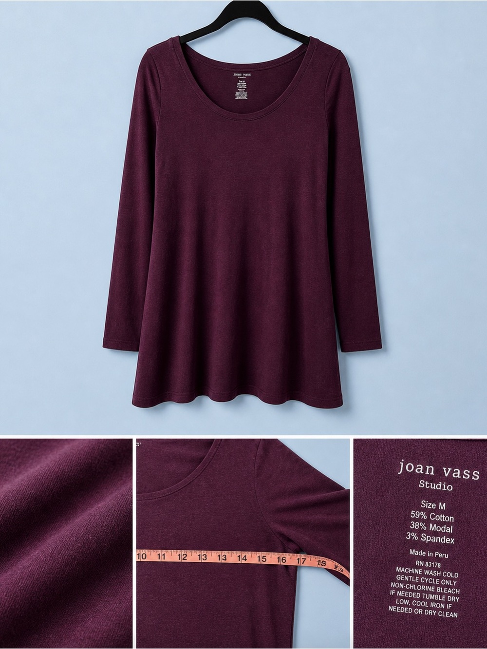 Joan Vass Plum Cotton Modal Spandex Asymmetrical Lagenlook TShirt‎ M